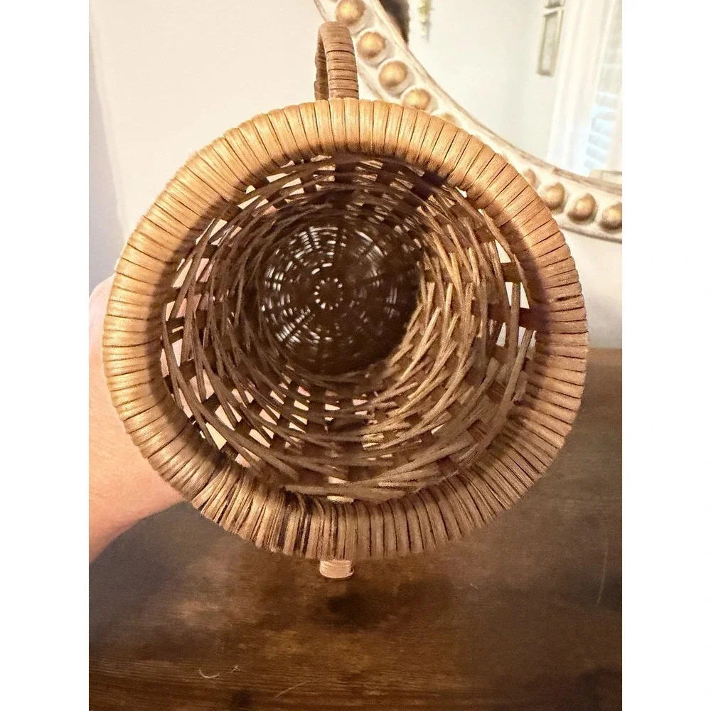 Vintage Handwoven Wicker Rattan Amphora Basket Vase Urn Two Tone Loop Handles